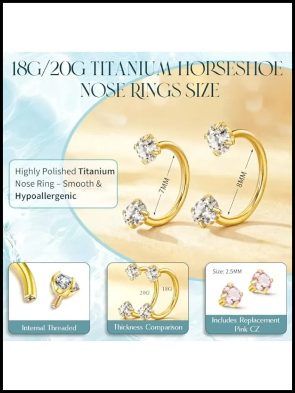Titanium Horseshoe Nose Ring 20g 18g Double CZ Gem Septum Hoop Hypoallergenic